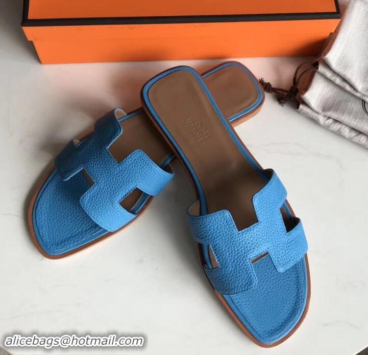 Classic Hot Hermes Oran Flat Slipper Sandals in Togo Leather H701030 Light Blue