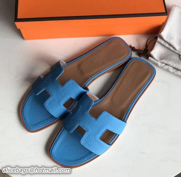 Classic Hot Hermes Oran Flat Slipper Sandals in Togo Leather H701030 Light Blue