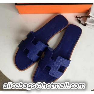 Crafted Hermes Oran Flat Slipper Sandals in Togo Leather H701030 Electric Blue