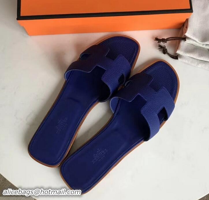 Crafted Hermes Oran Flat Slipper Sandals in Togo Leather H701030 Electric Blue