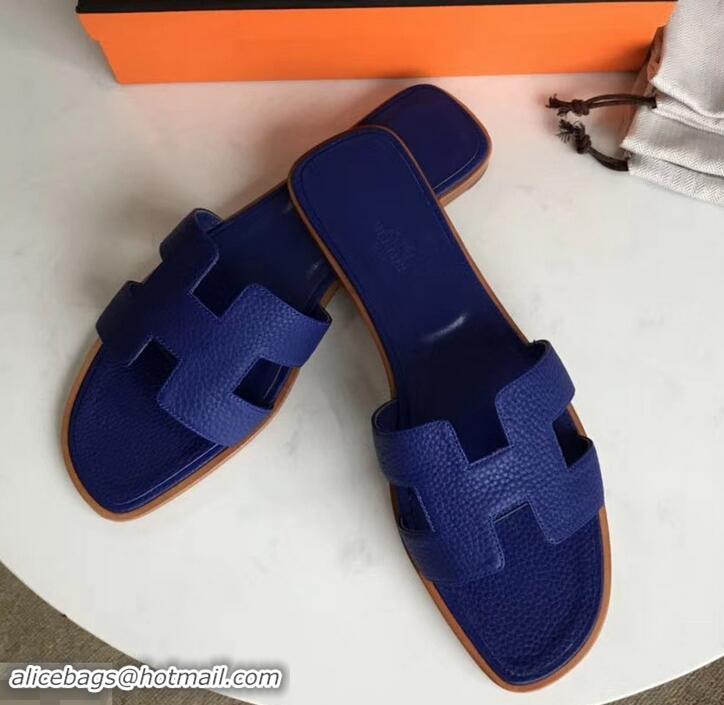 Crafted Hermes Oran Flat Slipper Sandals in Togo Leather H701030 Electric Blue