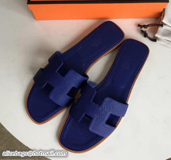 Crafted Hermes Oran Flat Slipper Sandals in Togo Leather H701030 Electric Blue