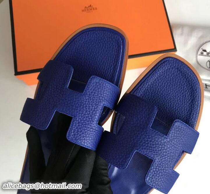 Crafted Hermes Oran Flat Slipper Sandals in Togo Leather H701030 Electric Blue