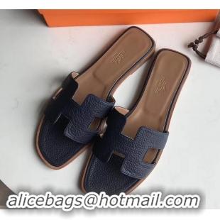 Good Quality Hermes Oran Flat Slipper Sandals in Togo Leather H701030 Dark Blue