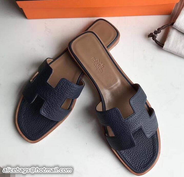 Good Quality Hermes Oran Flat Slipper Sandals in Togo Leather H701030 Dark Blue