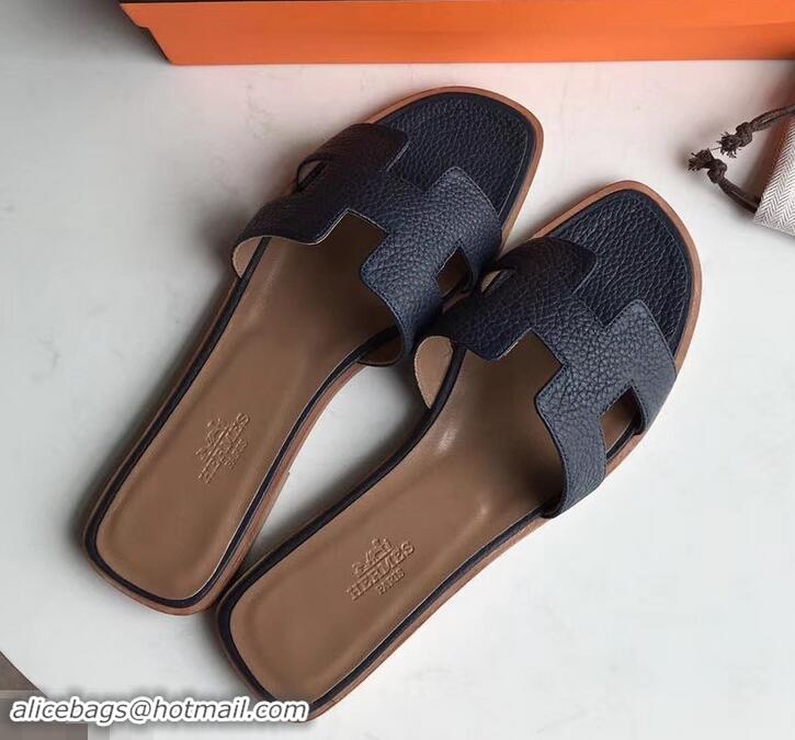 Good Quality Hermes Oran Flat Slipper Sandals in Togo Leather H701030 Dark Blue