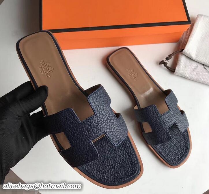 Good Quality Hermes Oran Flat Slipper Sandals in Togo Leather H701030 Dark Blue