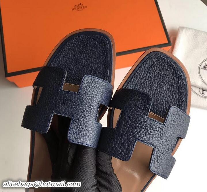 Good Quality Hermes Oran Flat Slipper Sandals in Togo Leather H701030 Dark Blue