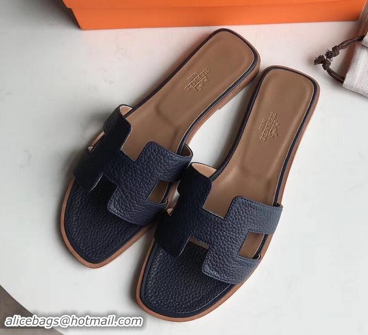 Good Quality Hermes Oran Flat Slipper Sandals in Togo Leather H701030 Dark Blue