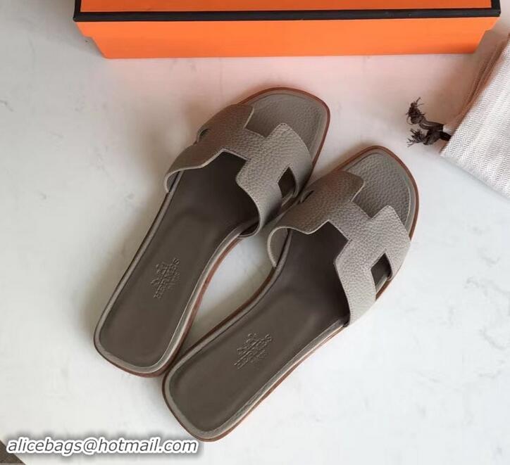 Top Grade Hermes Oran Flat Slipper Sandals in Togo Leather H701030 Light Gray