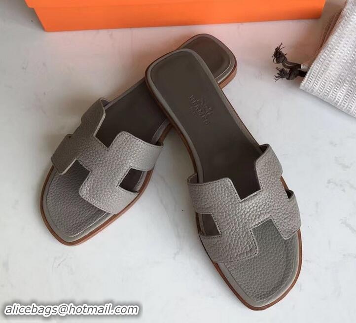 Top Grade Hermes Oran Flat Slipper Sandals in Togo Leather H701030 Light Gray