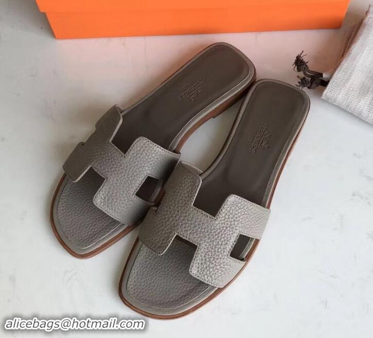 Top Grade Hermes Oran Flat Slipper Sandals in Togo Leather H701030 Light Gray