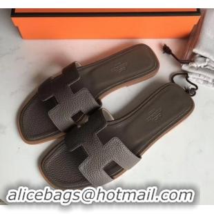 Pretty Style Hermes Oran Flat Slipper Sandals in Togo Leather H701030 Etoupe