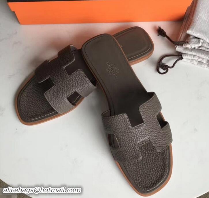 Pretty Style Hermes Oran Flat Slipper Sandals in Togo Leather H701030 Etoupe