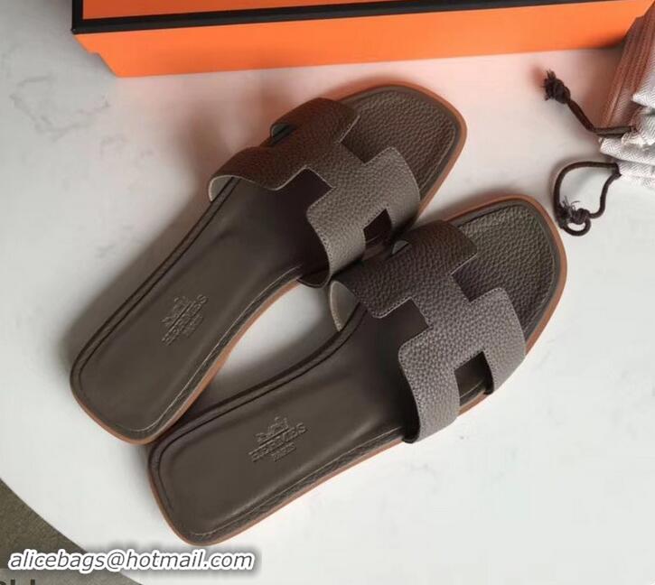 Pretty Style Hermes Oran Flat Slipper Sandals in Togo Leather H701030 Etoupe