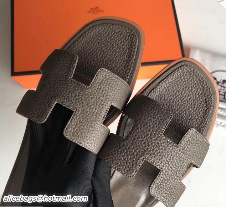 Pretty Style Hermes Oran Flat Slipper Sandals in Togo Leather H701030 Etoupe