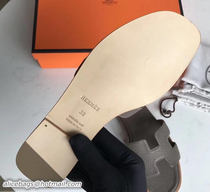 Pretty Style Hermes Oran Flat Slipper Sandals in Togo Leather H701030 Etoupe