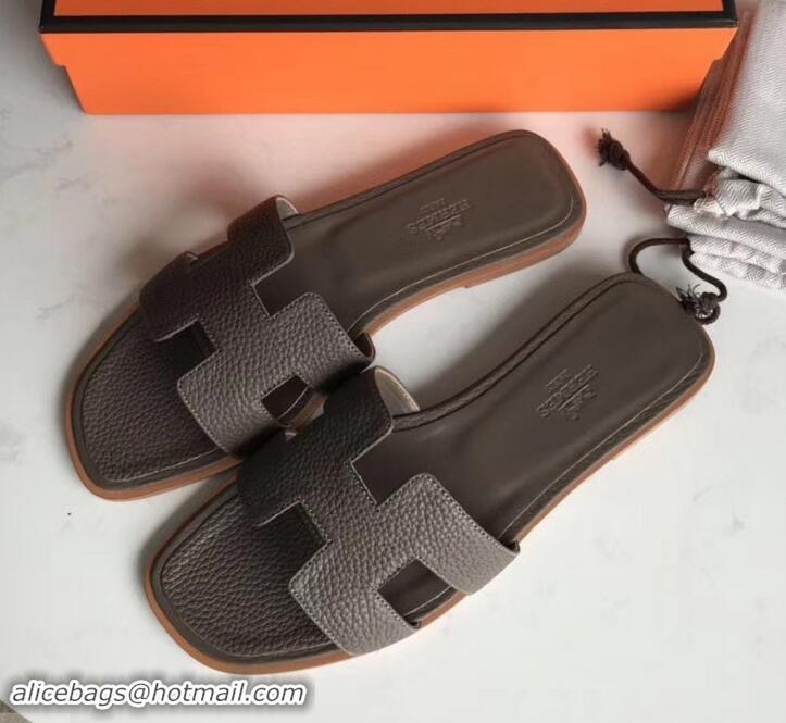 Pretty Style Hermes Oran Flat Slipper Sandals in Togo Leather H701030 Etoupe