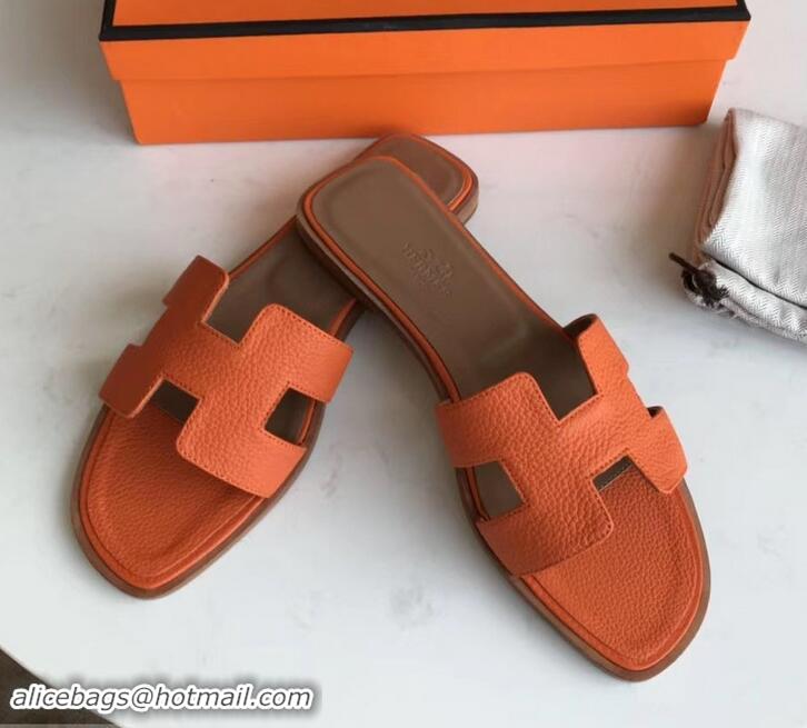 Best Price Hermes Oran Flat Slipper Sandals in Togo Leather H701030 Orange