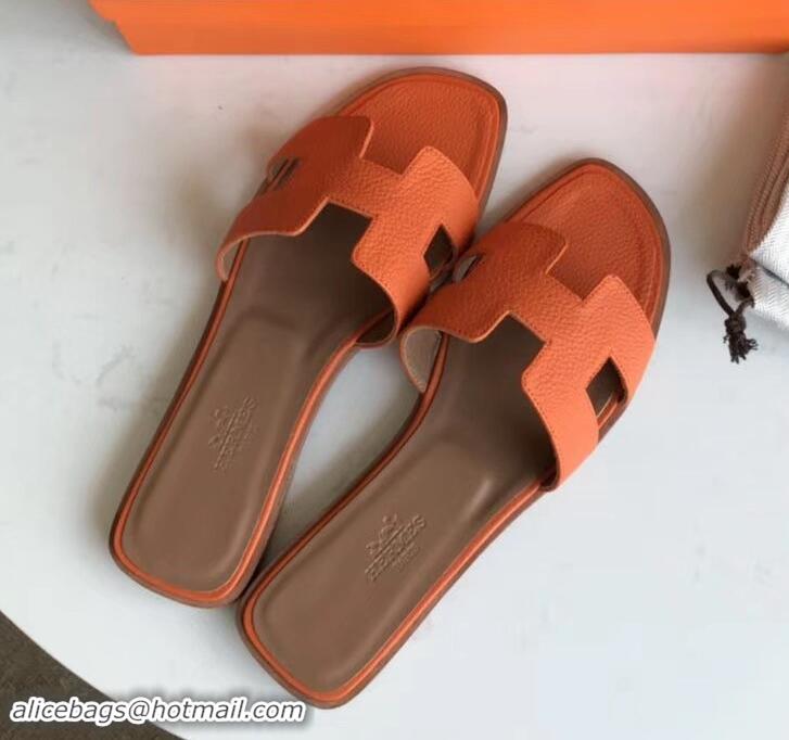 Best Price Hermes Oran Flat Slipper Sandals in Togo Leather H701030 Orange