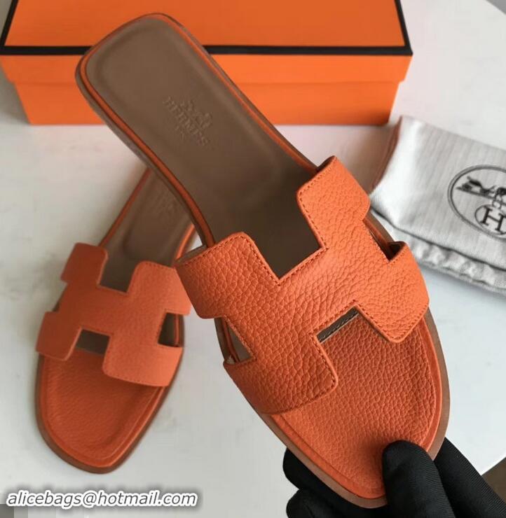 Best Price Hermes Oran Flat Slipper Sandals in Togo Leather H701030 Orange