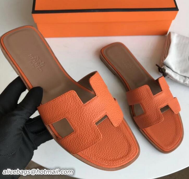 Best Price Hermes Oran Flat Slipper Sandals in Togo Leather H701030 Orange