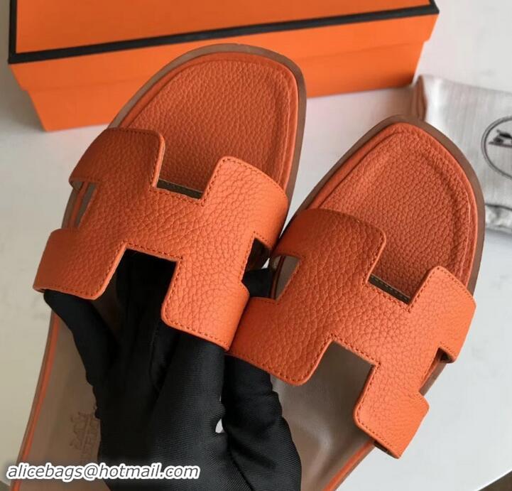 Best Price Hermes Oran Flat Slipper Sandals in Togo Leather H701030 Orange