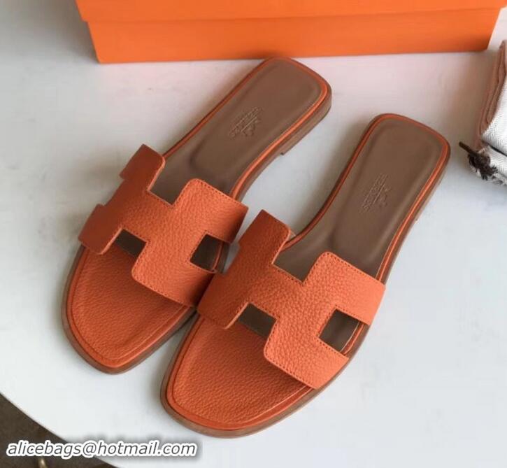 Best Price Hermes Oran Flat Slipper Sandals in Togo Leather H701030 Orange