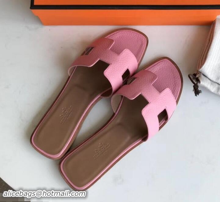 Classic Faux Hermes Oran Flat Slipper Sandals in Togo Leather H701030 Pink