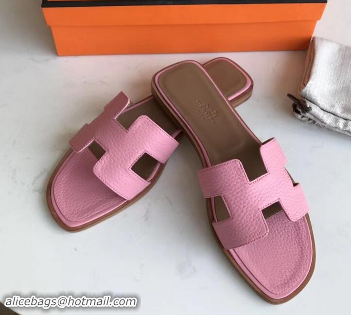 Classic Faux Hermes Oran Flat Slipper Sandals in Togo Leather H701030 Pink