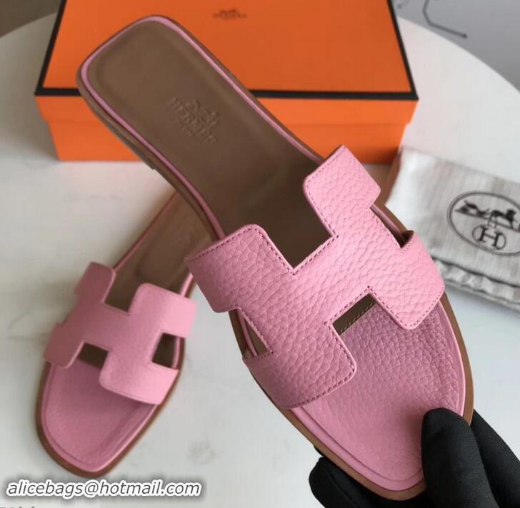 Classic Faux Hermes Oran Flat Slipper Sandals in Togo Leather H701030 Pink