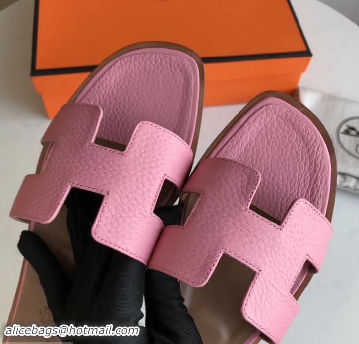 Classic Faux Hermes Oran Flat Slipper Sandals in Togo Leather H701030 Pink