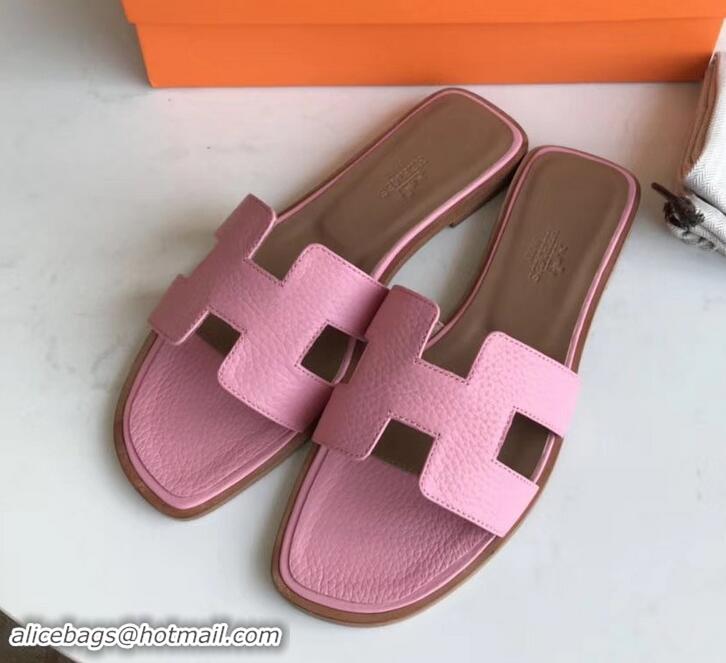 Classic Faux Hermes Oran Flat Slipper Sandals in Togo Leather H701030 Pink