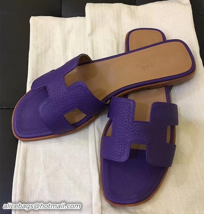 Best Grade Hermes Oran Flat Slipper Sandals in Togo Leather H701030 Purple