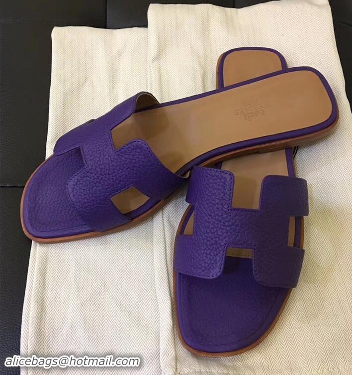 Best Grade Hermes Oran Flat Slipper Sandals in Togo Leather H701030 Purple