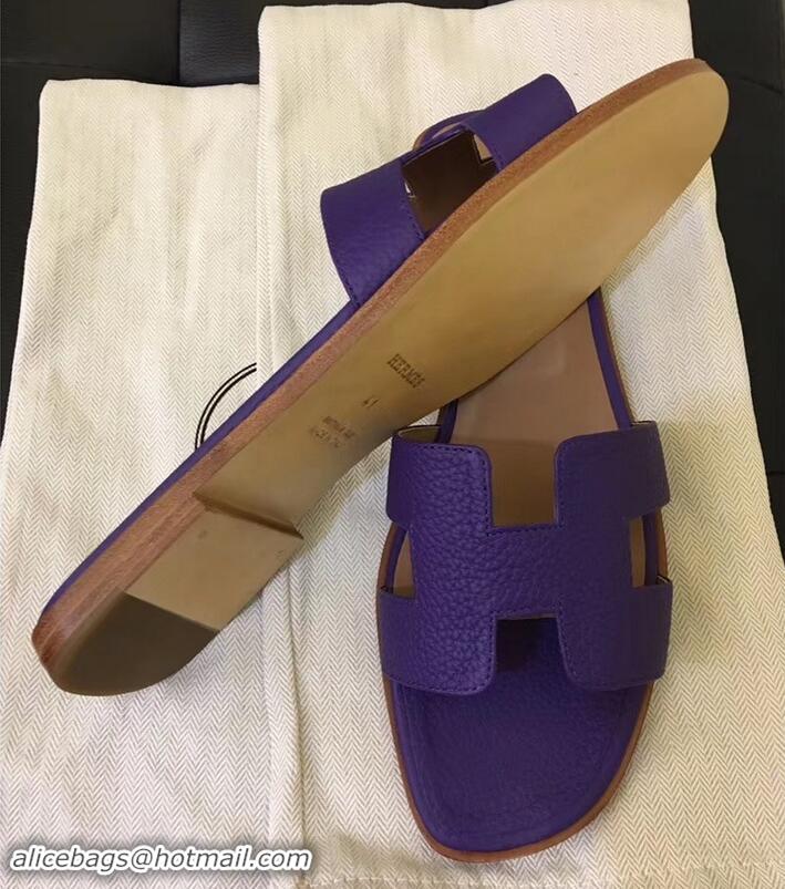 Best Grade Hermes Oran Flat Slipper Sandals in Togo Leather H701030 Purple