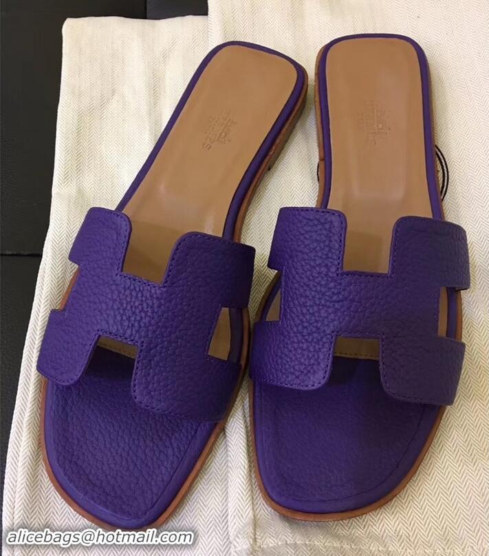 Best Grade Hermes Oran Flat Slipper Sandals in Togo Leather H701030 Purple