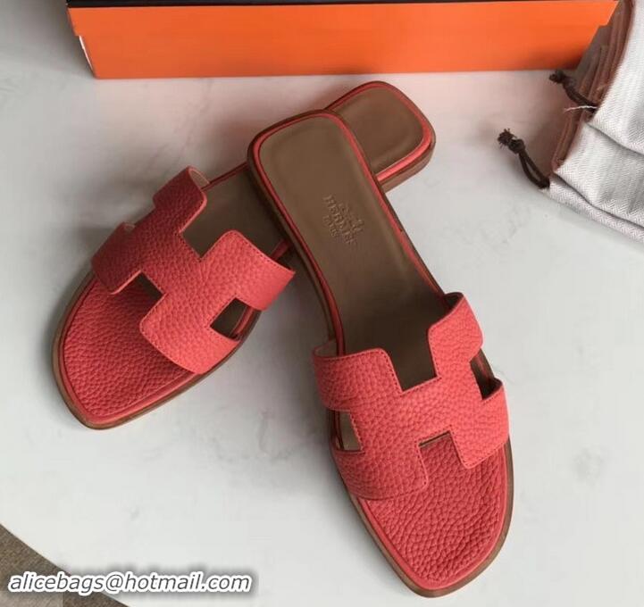 Luxury Hermes Oran Flat Slipper Sandals in Togo Leather H701030 Rouge Red