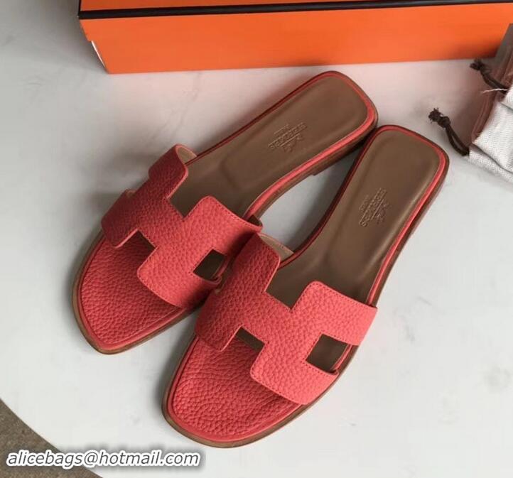 Luxury Hermes Oran Flat Slipper Sandals in Togo Leather H701030 Rouge Red