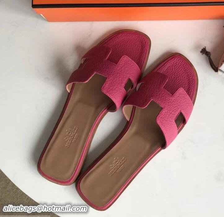 Low Cost Hermes Oran Flat Slipper Sandals in Togo Leather H701030 Fuchsia