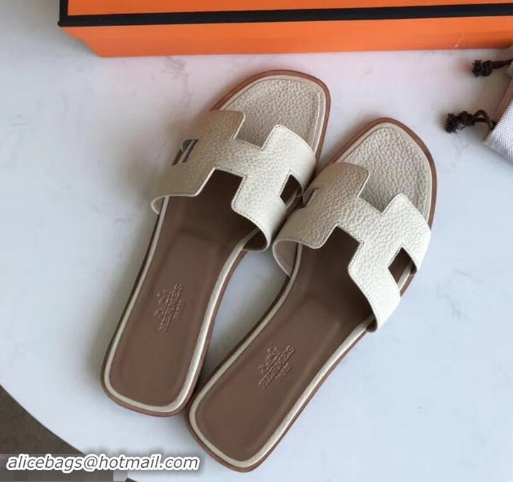 Shop Duplicate Hermes Oran Flat Slipper Sandals in Togo Leather H701030 Off White