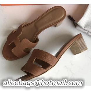 Stylish Hermes Heel 5cm Oasis Slipper Sandals in Togo Leather H701031 Brown/White Stitch