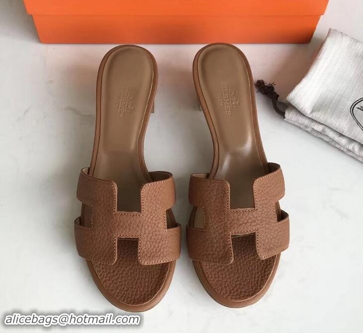 Stylish Hermes Heel 5cm Oasis Slipper Sandals in Togo Leather H701031 Brown/White Stitch