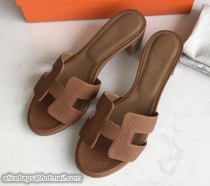 Stylish Hermes Heel 5cm Oasis Slipper Sandals in Togo Leather H701031 Brown/White Stitch