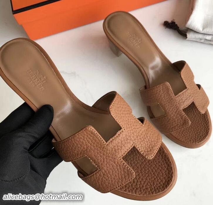 Stylish Hermes Heel 5cm Oasis Slipper Sandals in Togo Leather H701031 Brown/White Stitch