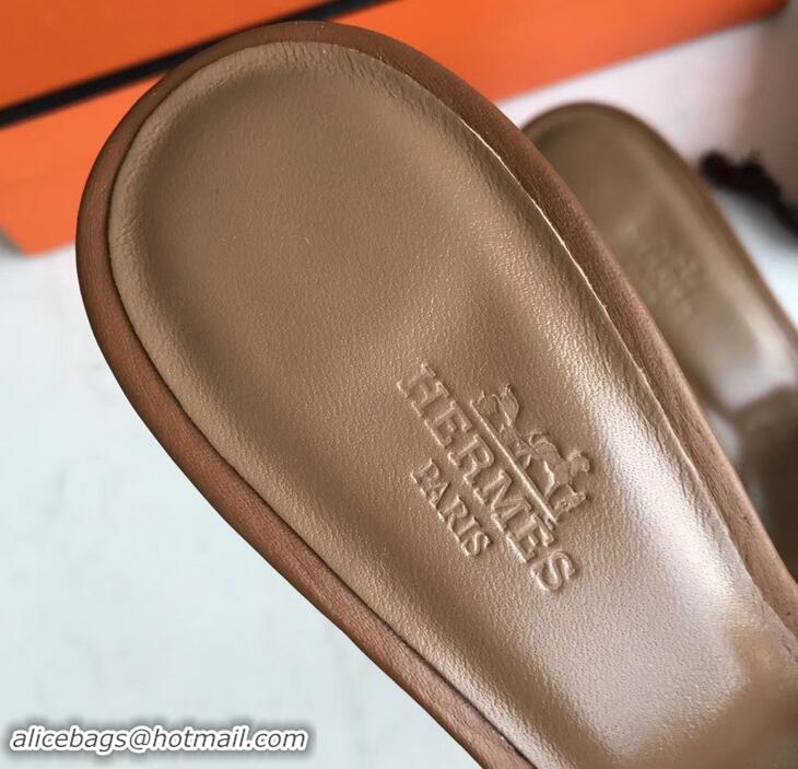 Stylish Hermes Heel 5cm Oasis Slipper Sandals in Togo Leather H701031 Brown/White Stitch