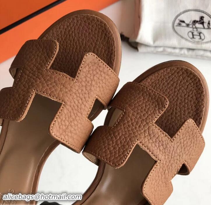 Stylish Hermes Heel 5cm Oasis Slipper Sandals in Togo Leather H701031 Brown/White Stitch