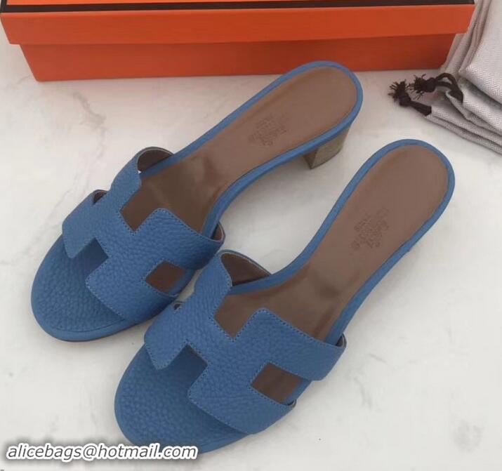 Sumptuous Hermes Heel 5cm Oasis Slipper Sandals in Togo Leather H701031 Light Blue