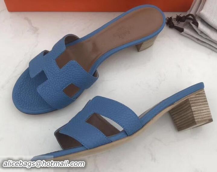 Sumptuous Hermes Heel 5cm Oasis Slipper Sandals in Togo Leather H701031 Light Blue