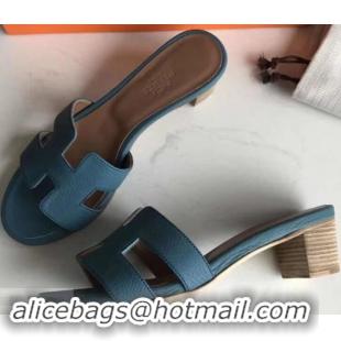 Luxury Hermes Heel 5cm Oasis Slipper Sandals in Togo Leather H701031 Denim Blue